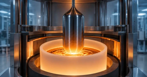 Quartz crucible with molten silicon and a growing single-crystal ingot in a Czochralski furnace
