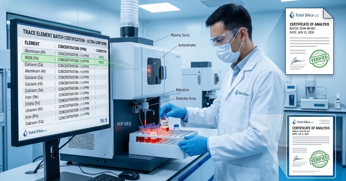Laboratory technician performing ICP-OES trace element batch certification on ultra-low iron silica sand.