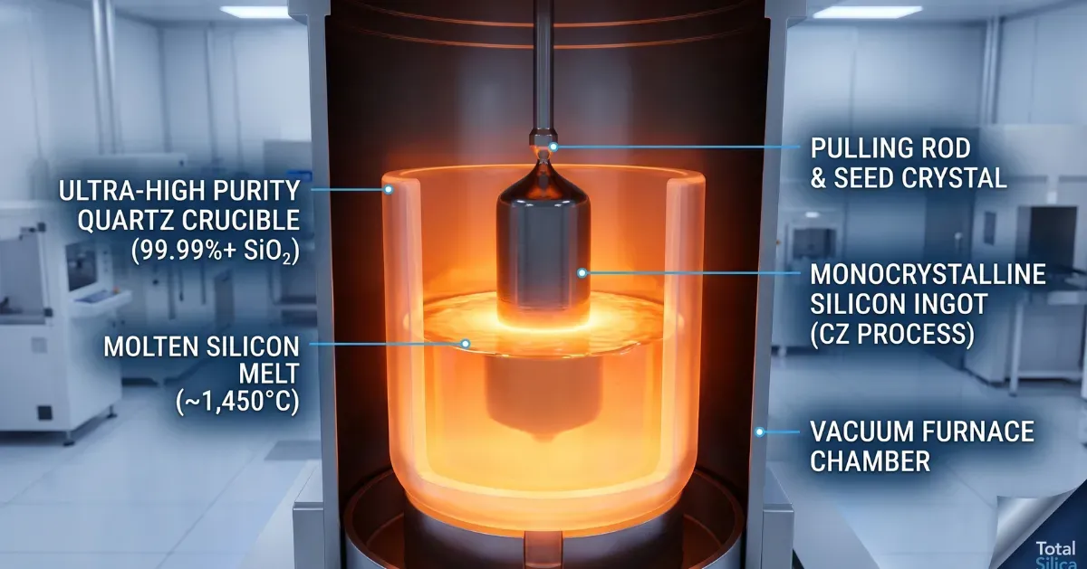 3D cross-section diagram of the Czochralski (CZ) process showing a monocrystalline silicon ingot being pulled from an ultra-high purity quartz crucible.