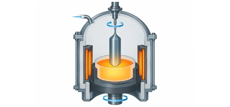 Diagram of the Czochralski process showing quartz crucible, seed crystal, pull rod and growing silicon ingot