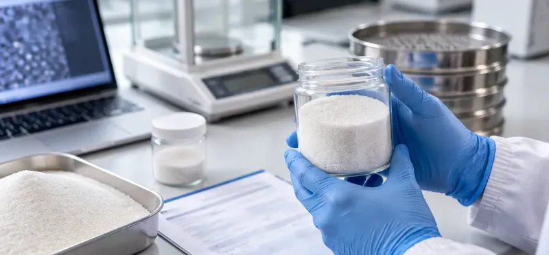 Sample jar of fine silica sand beside a certificate of analysis in a quality lab