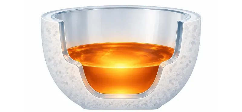 Cutaway of a quartz crucible showing a clear inner layer and a bubbly outer layer
