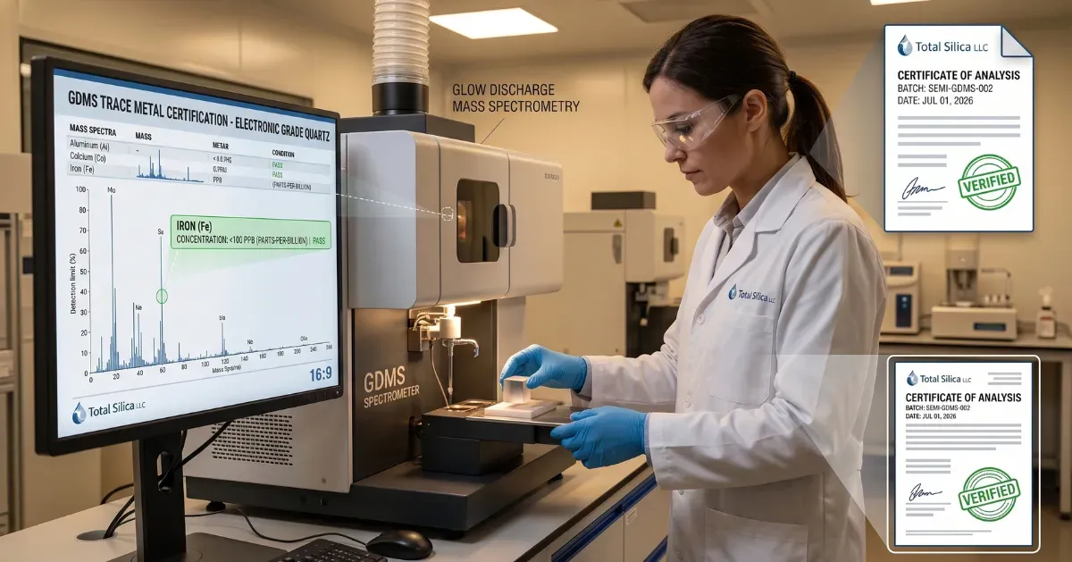 Scientist using Glow Discharge Mass Spectrometry (GDMS) to verify trace metal certification for electronic grade quartz.
